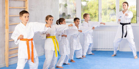 Young karate students gather in dojo to practice their kicks and punches under the watchful eye of...