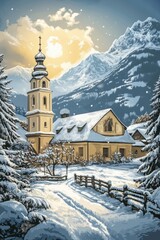 Church in village and winter forest covered by heavy snow.