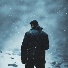 Man in Dark Coat Facing Away During Blizzard, Snowstorm Scene
