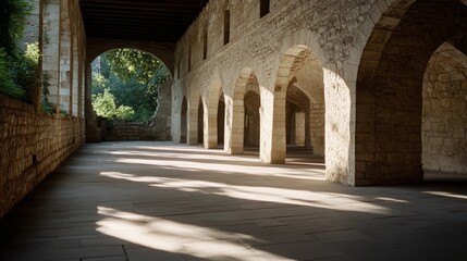 Fototapeta premium Sunlight cascades through the stone arches of an ancient cloister, casting dramatic shadows on the cool, stone floor.