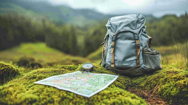 Backpack, compass, map, mountain hike prep