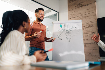 Software developer explaining app architecture to colleagues during meeting