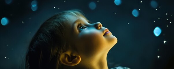 Young caucasian child gazing at sparkling stars in a dreamy night sky