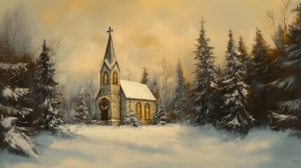 Fototapeta premium Church and winter forest covered by heavy snow.