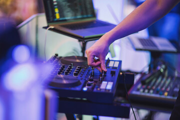 The mixer, DJ. remote for sound recording. sound amplifier mixing console equalizer. record songs...