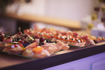 Snacks for the holiday, catering. Various light snacks. Catering plate. Assortment of sandwiches on the buffet table. meat, fish, nuts, cheese, vegetable canapes ofcelebration of important event