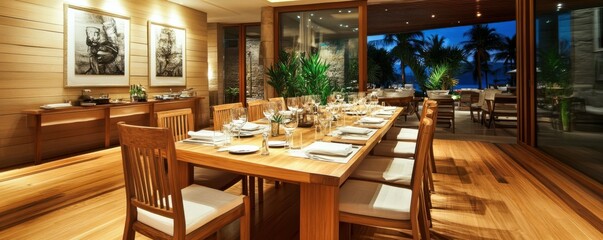 Fototapeta premium Elegant beachfront dining room with wooden furniture and ocean view at sunset