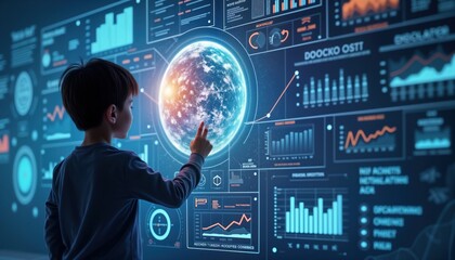 Young boy interacts with interactive globe displayed on large screen. Touches digital globe, learns about global data visualization. AI-powered tech adjusts learning pace, curriculum. Innovative