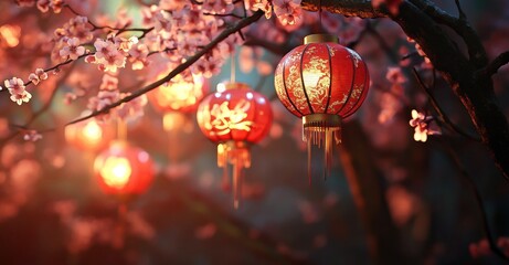 Obraz premium Nouvel An chinois, lanternes rouges suspendues aux branches des arbres, lueur chaleureuse, arrière-plan flou avec des fleurs aux couleurs vives, éclairage doux créant une atmosphère de fête.