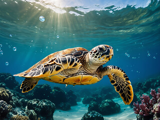 Fototapeta premium Majestic Hawksbill Sea Turtle Gracefully Swimming Through Vibrant Coral Reef