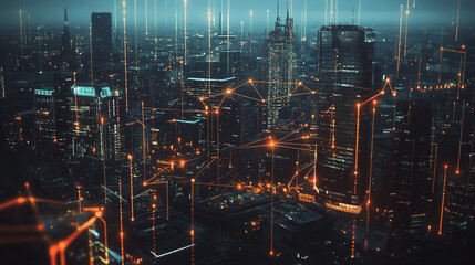 Smart digital Innovation city with connection network reciprocity over the twilight cityscape. of future smart wireless digital city and social media networking systems that connects people with city