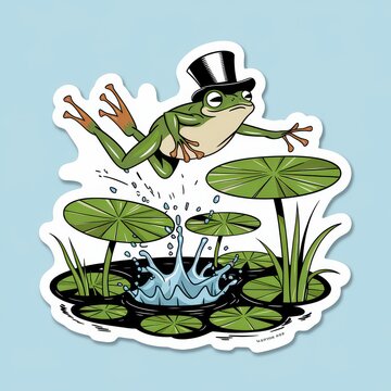 recommend clip art: A dapper frog takes a leap into a lily pad pond.