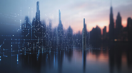 Fototapeta premium Smart digital Innovation city with connection network reciprocity over the twilight cityscape. of future smart wireless digital city and social media networking systems that connects people with city