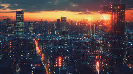 Smart digital Innovation city with connection network reciprocity over the twilight cityscape. of future smart wireless digital city and social media networking systems that connects people with city