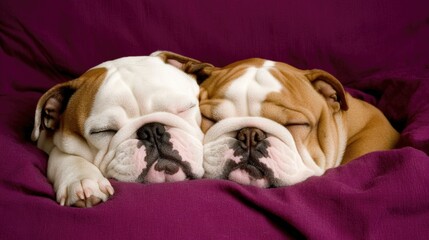 Adorable sleeping bulldog puppies on purple blanket