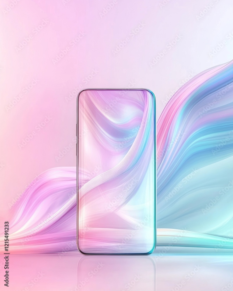 Poster front view of an elegant and minimalistic smartphone with curved edges, a colorful pastel background
