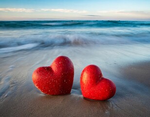 Fototapeta premium Two Red Heart-Shaped Rocks on the Beach with the Waves Gently Crashing, Representing Eternal Love