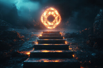 Set of stairs leading up to a glowing symbol of interconnected rings representing progress and achievement