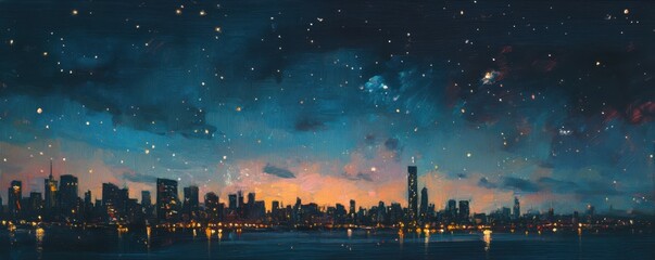 Urban skyline at dusk with starry sky and city lights reflection on water