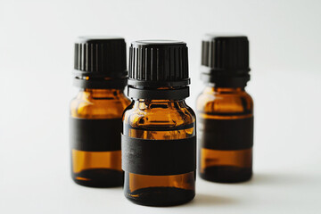 Elegant trio of essential oil bottles with minimalist design on bright white background