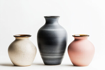 Set of three contemporary vases in varying sizes and colors against a pure white background showcasing modern design elegance