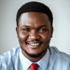 Obraz premium Portrait of a Smiling Young Black Man in a Light Blue Shirt and Red Tie