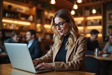 Businesswoman with glasses focused on laptop in cozy café corner, early morning ambiance of productivity and warmth. International Women’s Day and Labor day concept