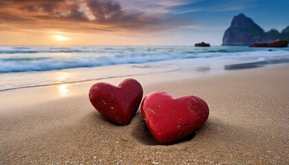 Fototapeta premium Two Red Heart-Shaped Stones on the Sandy Beach, Symbolizing Love and Connection by the Ocean