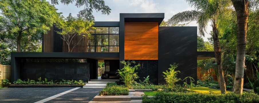 Modern architectural house with wooden facade in lush greenery