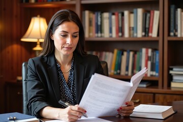 Professional woman reading legal documents at her desk in a law office, focused work environment. International Women’s  Day and Labor day concept