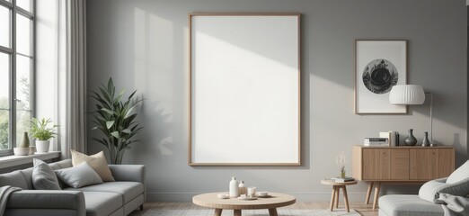 Soft natural light floods the contemporary living room, highlighting white walls and minimalist furniture. A large empty frame invites inspiration amidst fresh greenery and cozy textiles