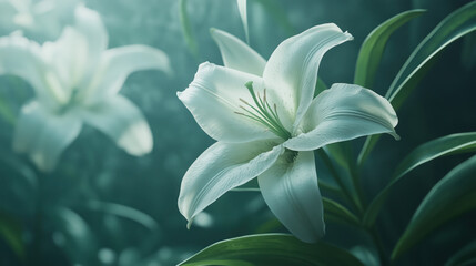Fototapeta premium Detailed Macro Shot of a White Lily in Full Bloom with Soft Light Filtering Through Petals, Casting Beautiful Shadows on Lush Green Leaves and Highlighting Delicate Textures and Hues