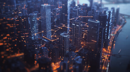 Fototapeta premium Smart digital Innovation city with connection network reciprocity over the twilight cityscape. of future smart wireless digital city and social media networking systems that connects people with city