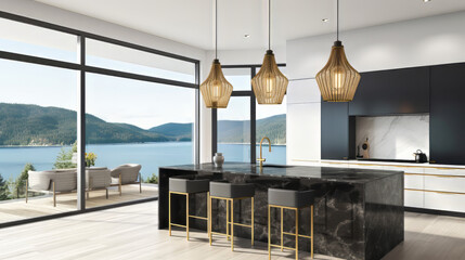 A luxurious kitchen featuring sleek black marble countertops, gold-accented fixtures, a large marble