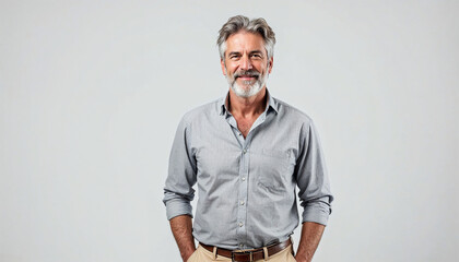 Confident middle-aged man with gray hair stands against a light background.