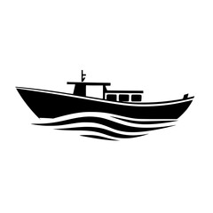 Black and White Boat Icon on Waves: A Nautical Vessel Graphic Design