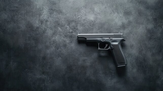 Black handgun on textured surface showcasing sleek design and modern craftsmanship in a minimalist setting