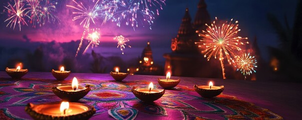 Diwali celebration at night with fireworks and traditional oil lamps