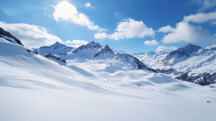 Fototapeta premium Sunny alpine ski resort with snow-covered peaks under blue sky