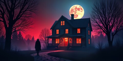 Silhouette figure walks along path toward haunted house at night. Creepy house with lit windows under big moon. Spooky atmosphere in foggy forest. Retro 80s horror movie poster design. Nostalgic,