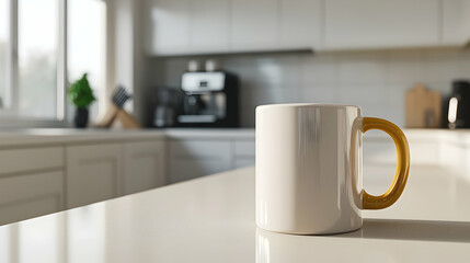 Obraz premium Hot coffee mug placed on a clean white kitchen counter