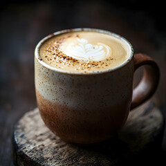 Hot latte with foam in a ceramic coffee mug