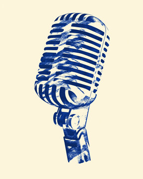 Micro ancien en m&eacute;tal pour radio ou enregistrement musical bleu marine sur fond blanc, dessin au style vintage ou retro