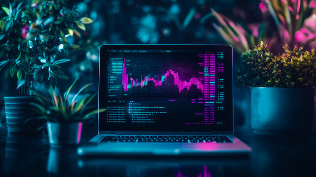 Laptop Screen Displaying Stock Market Data with Plants in the Foreground
