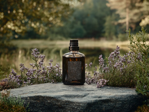 Photographie publicitaire : une bouteille d'huile essentielle ou de produit cosm&eacute;tique naturel pour homme et femme au milieu d'un paysage champ&ecirc;tre et des fleurs