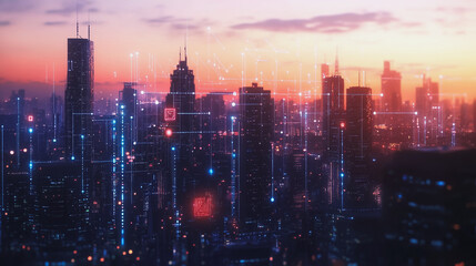 Obraz premium Smart digital Innovation city with connection network reciprocity over the twilight cityscape. of future smart wireless digital city and social media networking systems that connects people with city
