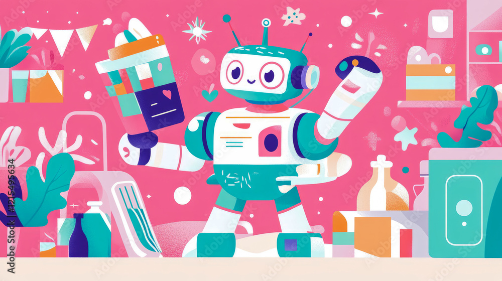 Poster friendly robot assistant holding package in a festive setting