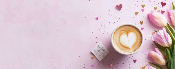 Romantic latte coffee with heart foam and pink tulips on a soft pastel background