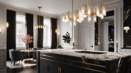 A luxurious kitchen featuring sleek black marble countertops, gold-accented fixtures, a large marble
