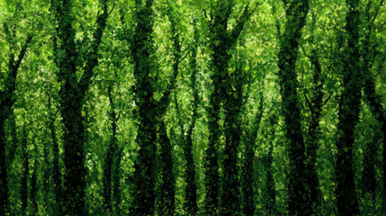Lush Green Canopy: A Serene Forest Scene in Vibrant Hues